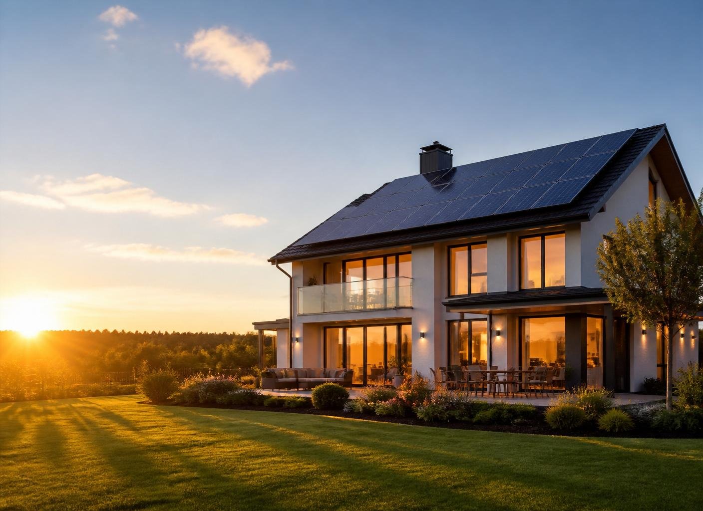 Casa moderna com painéis solares ao pôr do sol